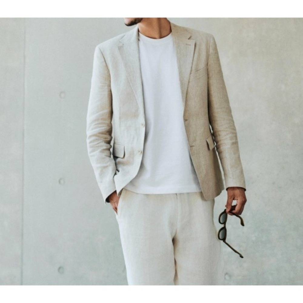 Zara Blazer Jacket Men 38 M 100% Linen Slim  Notched Lapel Lined Beige
